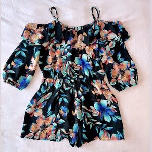 EUC As U Wish Tropical Off-Shoulder Ruffle Romper Size L